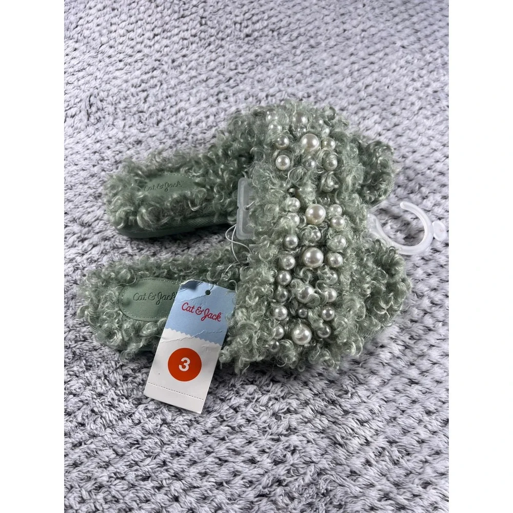 Cat Jack Toddler Girls Slippers Size 3 Mint Green Faux Fur Pearl Embellished